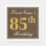 [ Thumbnail: Elegant Brown, Faux Gold 85th Birthday + Name Napkins ]