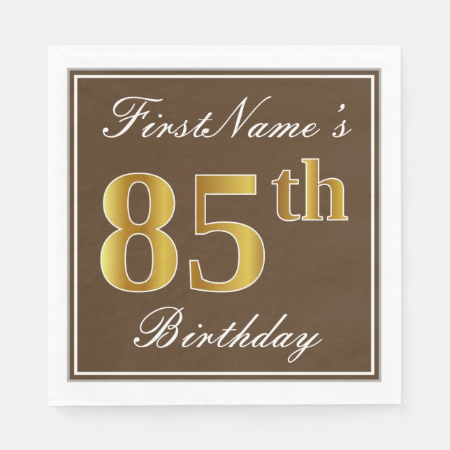 Elegant Brown, Faux Gold 85th Birthday + Name Paper Napkins (Front)