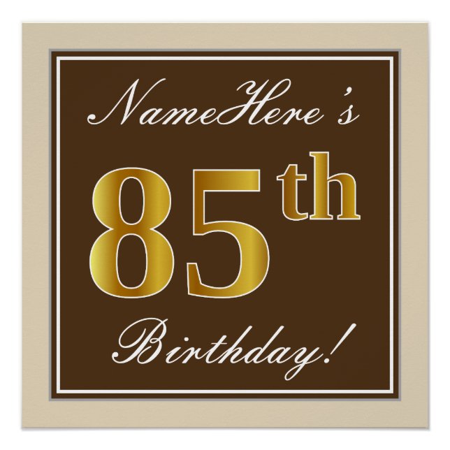 Elegant, Brown, Faux Gold 85th Birthday + Name Poster (Front)