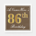 [ Thumbnail: Elegant Brown, Faux Gold 86th Birthday + Name Napkins ]