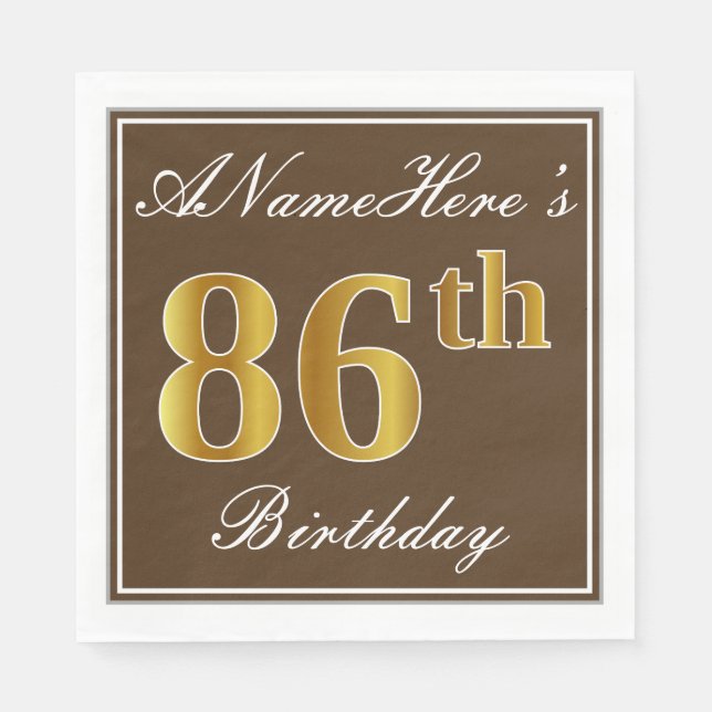 Elegant Brown, Faux Gold 86th Birthday + Name Paper Napkins (Front)