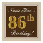 [ Thumbnail: Elegant, Brown, Faux Gold 86th Birthday + Name Poster ]