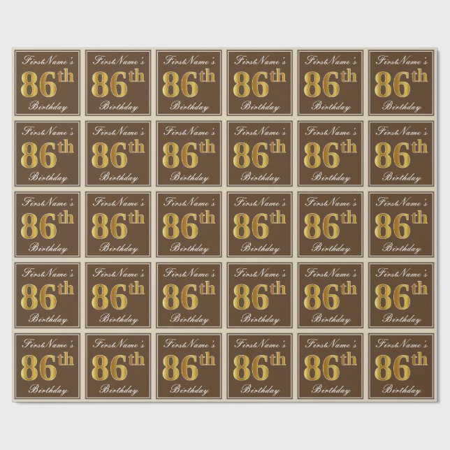 Elegant, Brown, Faux Gold 86th Birthday + Name Wrapping Paper (Flat)