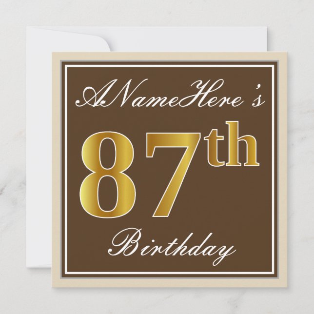 Elegant, Brown, Faux Gold 87th Birthday + Name Invitation (Front)