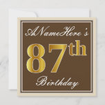 [ Thumbnail: Elegant, Brown, Faux Gold 87th Birthday + Name Invitation ]