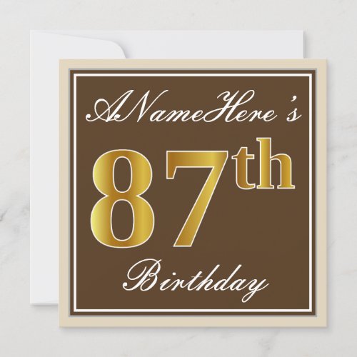 Elegant Brown Faux Gold 87th Birthday  Name Invitation