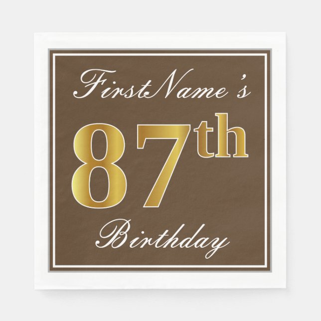 Elegant Brown, Faux Gold 87th Birthday + Name Paper Napkins (Front)