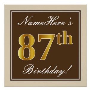 Elegant, Brown, Faux Gold 87th Birthday + Name Poster