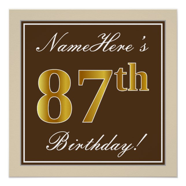 Elegant, Brown, Faux Gold 87th Birthday + Name Poster (Front)