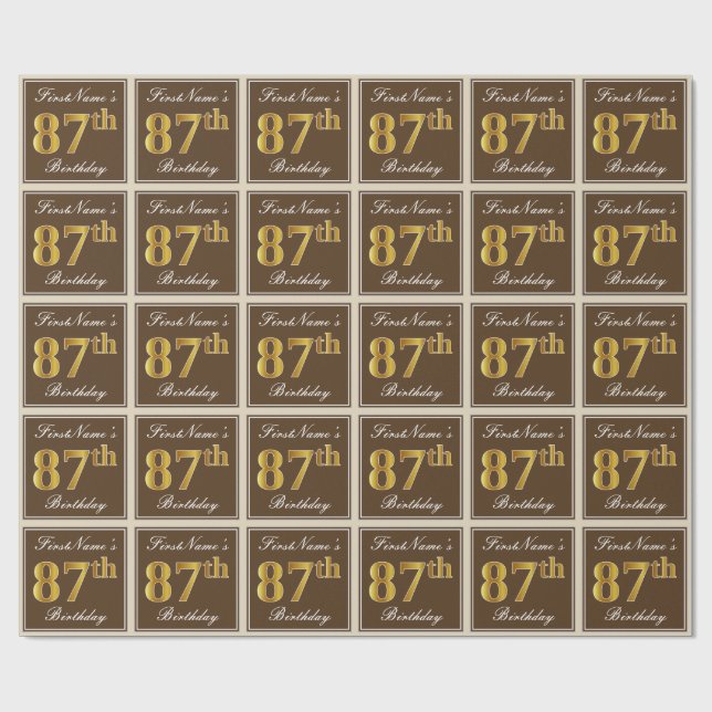 Elegant, Brown, Faux Gold 87th Birthday + Name Wrapping Paper (Flat)
