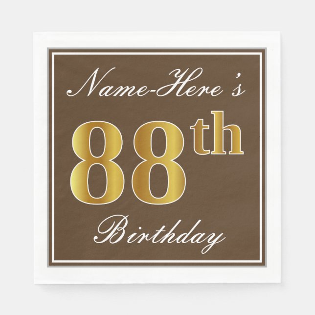 Elegant Brown, Faux Gold 88th Birthday + Name Paper Napkins (Front)