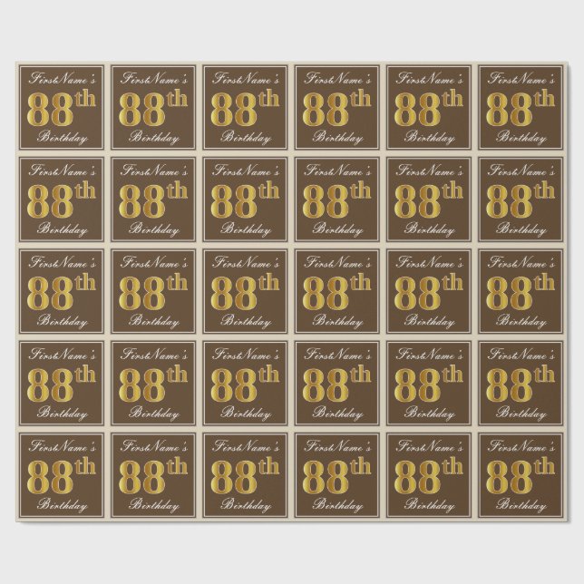 Elegant, Brown, Faux Gold 88th Birthday + Name Wrapping Paper (Flat)