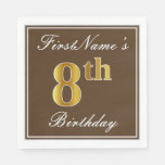 [ Thumbnail: Elegant Brown, Faux Gold 8th Birthday; Custom Name Paper Napkin ]