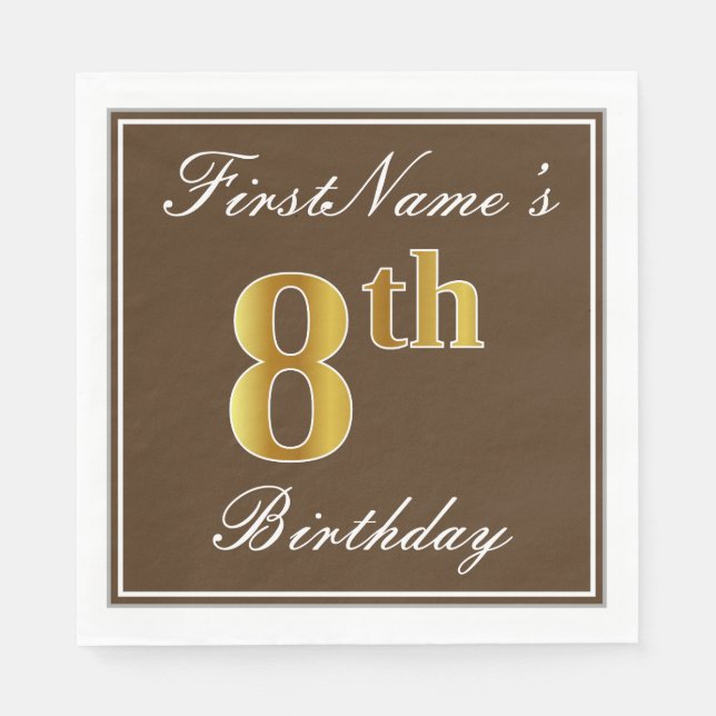 Elegant Brown, Faux Gold 8th Birthday; Custom Name Paper Napkins (Front)