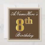 [ Thumbnail: Elegant, Brown, Faux Gold 8th Birthday + Name Invitation ]