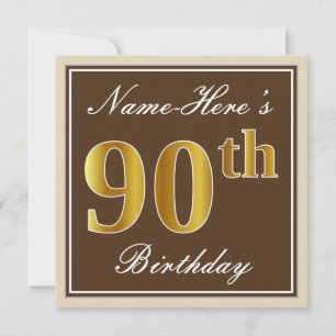 Elegant, Brown, Faux Gold 90th Birthday + Name Invitation