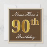 [ Thumbnail: Elegant, Brown, Faux Gold 90th Birthday + Name Invitation ]