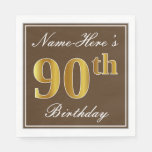 [ Thumbnail: Elegant Brown, Faux Gold 90th Birthday + Name Napkins ]