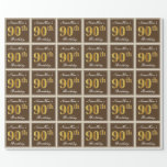 [ Thumbnail: Elegant, Brown, Faux Gold 90th Birthday + Name Wrapping Paper ]