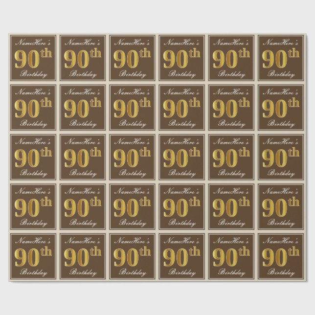 Elegant, Brown, Faux Gold 90th Birthday + Name Wrapping Paper (Flat)