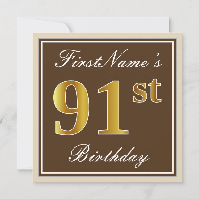 Elegant, Brown, Faux Gold 91st Birthday + Name Invitation (Front)