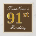[ Thumbnail: Elegant, Brown, Faux Gold 91st Birthday + Name Invitation ]