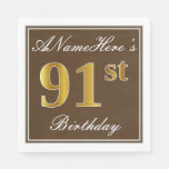 [ Thumbnail: Elegant Brown, Faux Gold 91st Birthday + Name Napkin ]