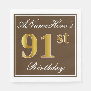 Elegant Brown, Faux Gold 91st Birthday + Name Napkins