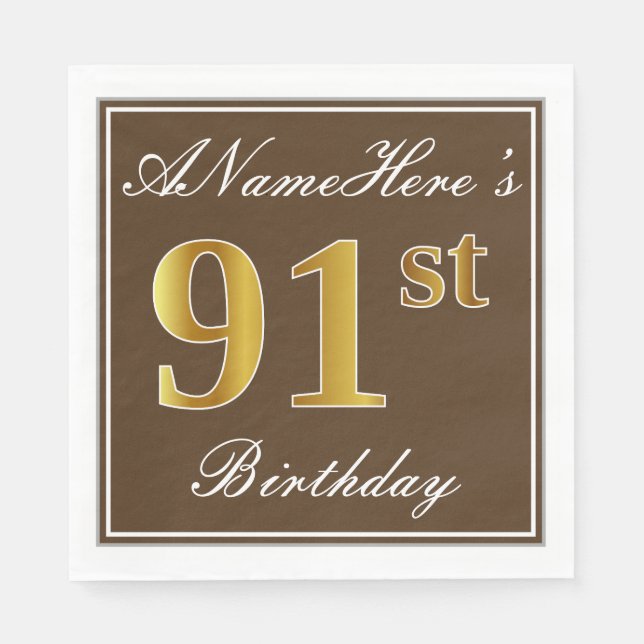 Elegant Brown, Faux Gold 91st Birthday + Name Napkins (Front)