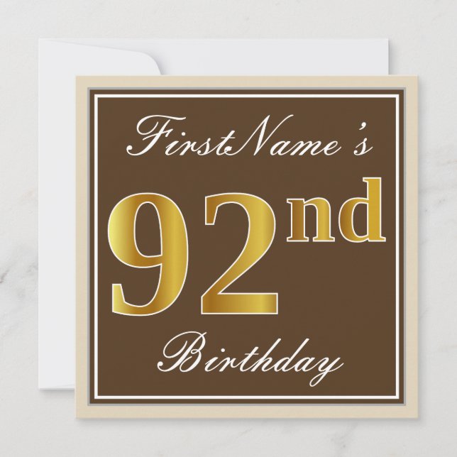 Elegant, Brown, Faux Gold 92nd Birthday + Name Invitation (Front)