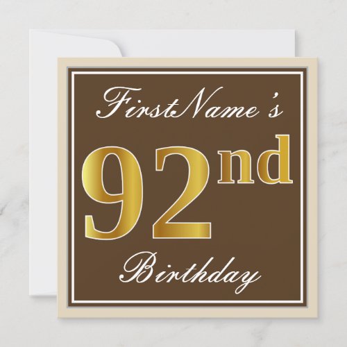 Elegant Brown Faux Gold 92nd Birthday  Name Invitation