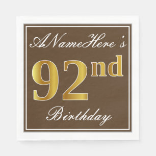 Elegant Brown, Faux Gold 92nd Birthday + Name Paper Napkins