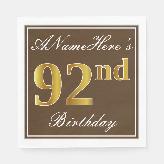 Elegant Brown, Faux Gold 92nd Birthday + Name Paper Napkins (Front)