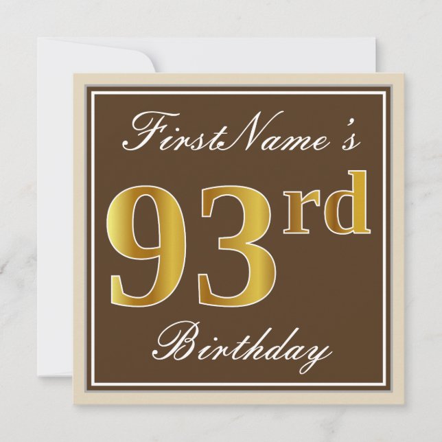 Elegant, Brown, Faux Gold 93rd Birthday + Name Invitation (Front)