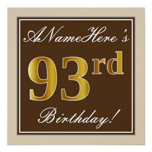 Elegant Brown Faux Gold 93rd Birthday  Name Poster