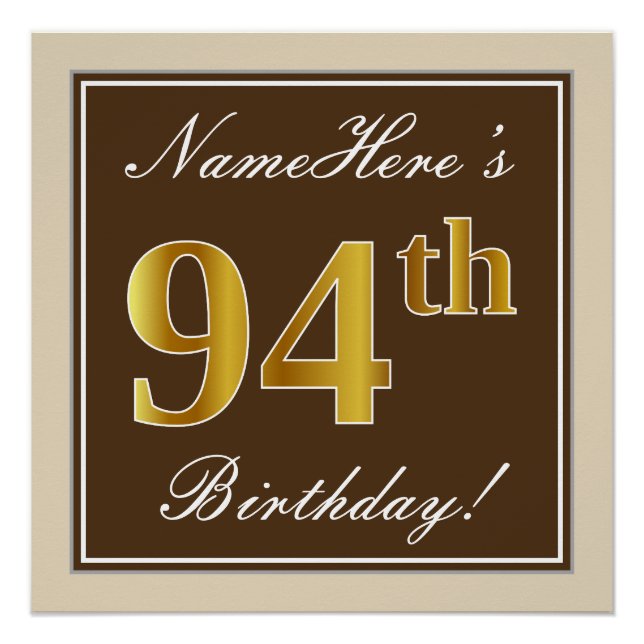 Elegant, Brown, Faux Gold 94th Birthday + Name Poster (Front)