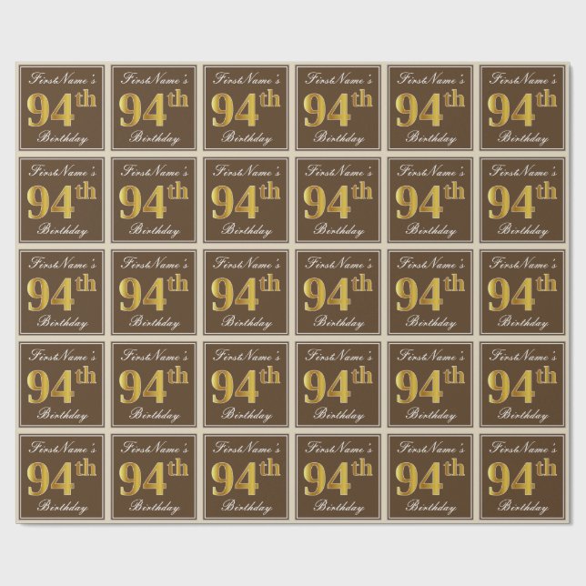 Elegant, Brown, Faux Gold 94th Birthday + Name Wrapping Paper (Flat)
