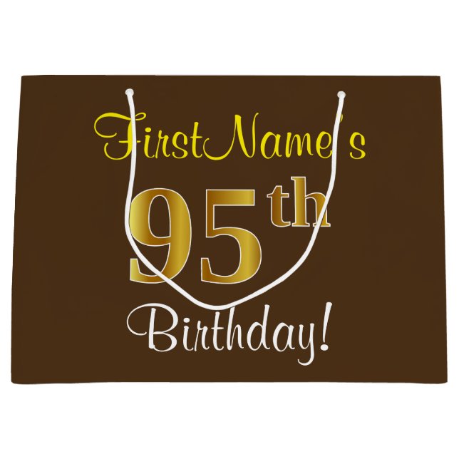 Elegant, Brown, Faux Gold 95th Birthday + Name Large Gift Bag (Front)