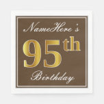 [ Thumbnail: Elegant Brown, Faux Gold 95th Birthday + Name Napkins ]