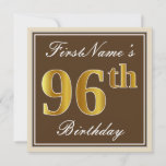 [ Thumbnail: Elegant, Brown, Faux Gold 96th Birthday + Name Invitation ]