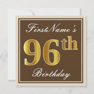 Elegant, Brown, Faux Gold 96th Birthday + Name Invitation