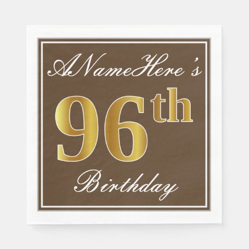 Elegant Brown Faux Gold 96th Birthday  Name Paper Napkins