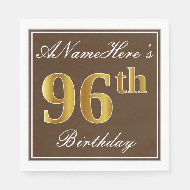 Elegant Brown, Faux Gold 96th Birthday + Name Paper Napkins (Front)
