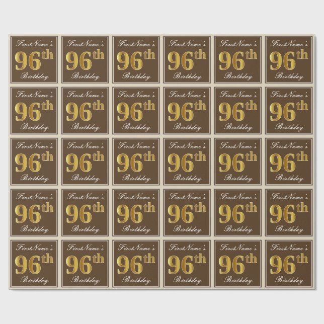 Elegant, Brown, Faux Gold 96th Birthday + Name Wrapping Paper (Flat)