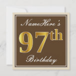 [ Thumbnail: Elegant, Brown, Faux Gold 97th Birthday + Name Invitation ]
