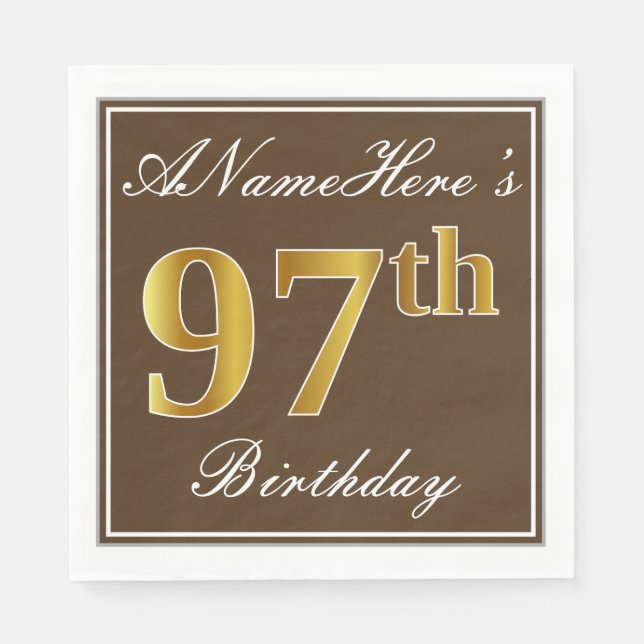 Elegant Brown, Faux Gold 97th Birthday + Name Napkins (Front)