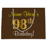 [ Thumbnail: Elegant, Brown, Faux Gold 98th Birthday + Name Gift Bag ]