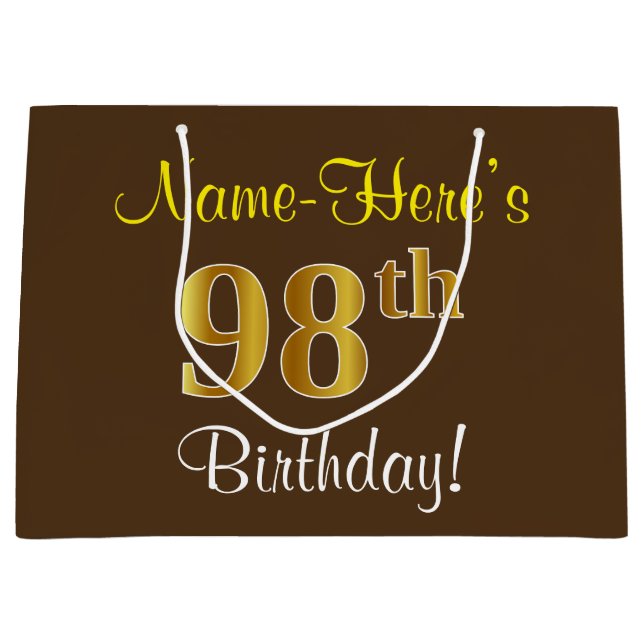 Elegant, Brown, Faux Gold 98th Birthday + Name Large Gift Bag (Front)