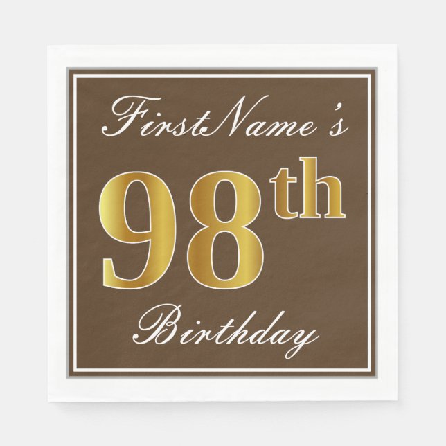 Elegant Brown, Faux Gold 98th Birthday + Name Paper Napkins (Front)