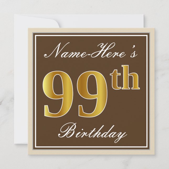 Elegant, Brown, Faux Gold 99th Birthday + Name Invitation (Front)
